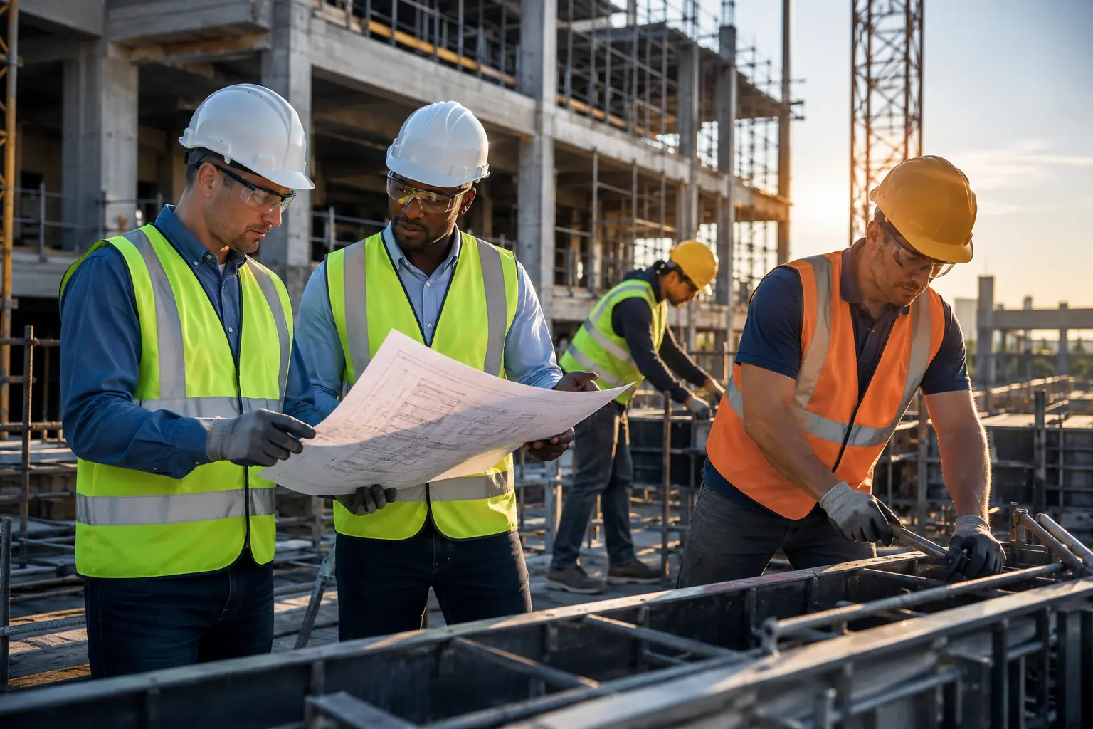 Skilled construction workers collaborating safely at a modern building site